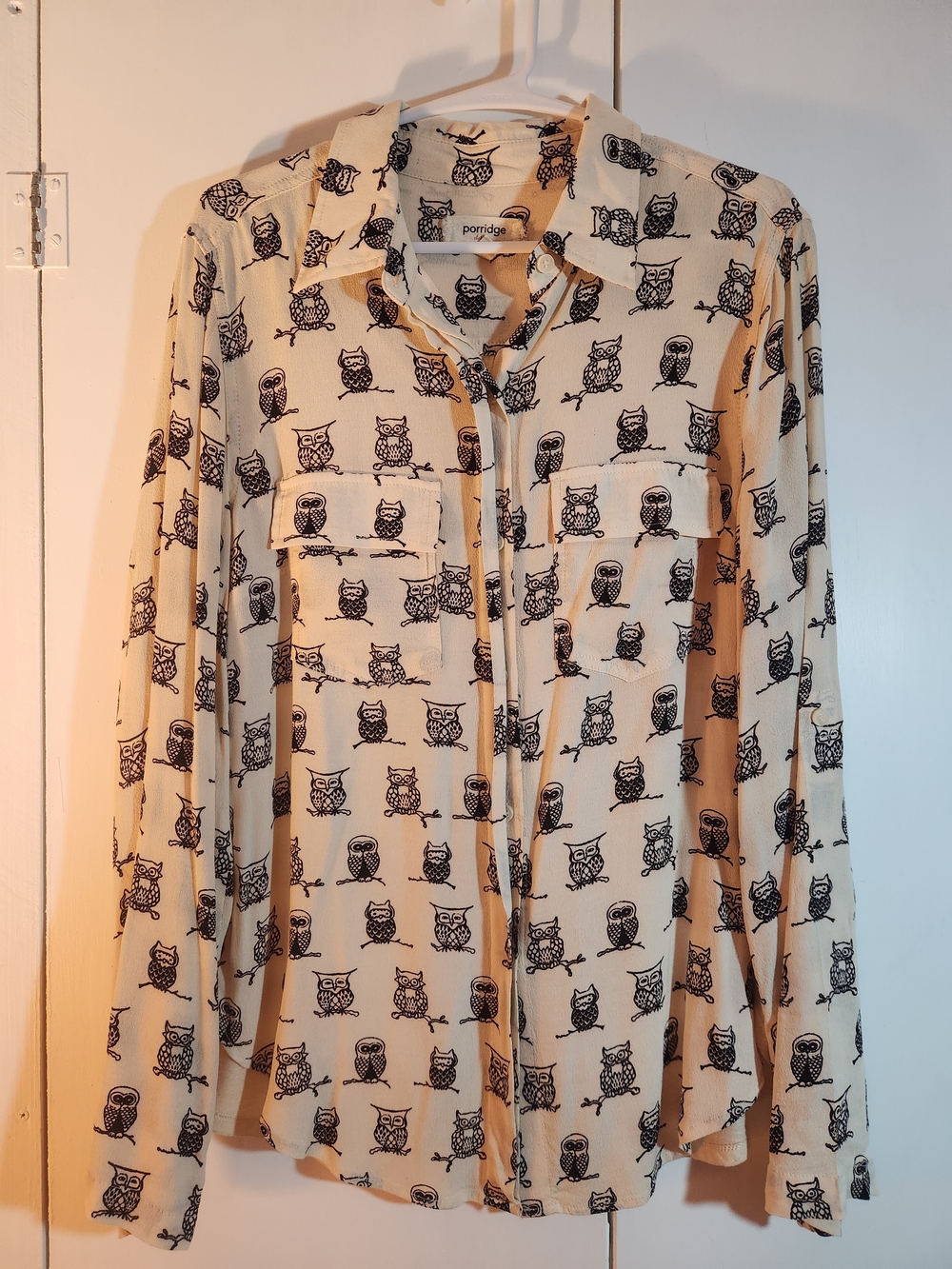 Porridge Beige Owl-Print Button Down Shirt